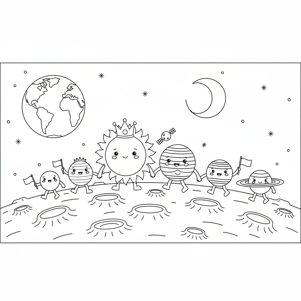 Página para colorear del sistema solar acogedor - Medio