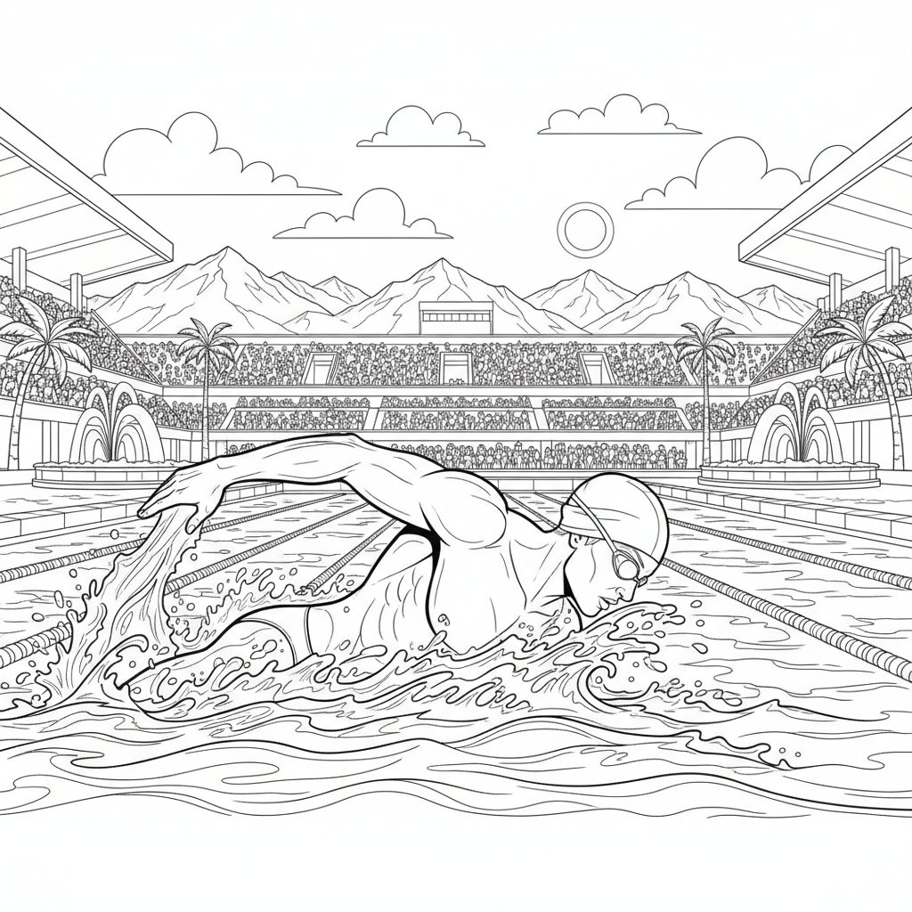 Nadador Página para Colorear - Difícil