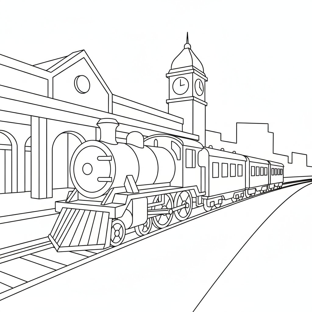 Página para Colorear de Estación de Tren - Fácil