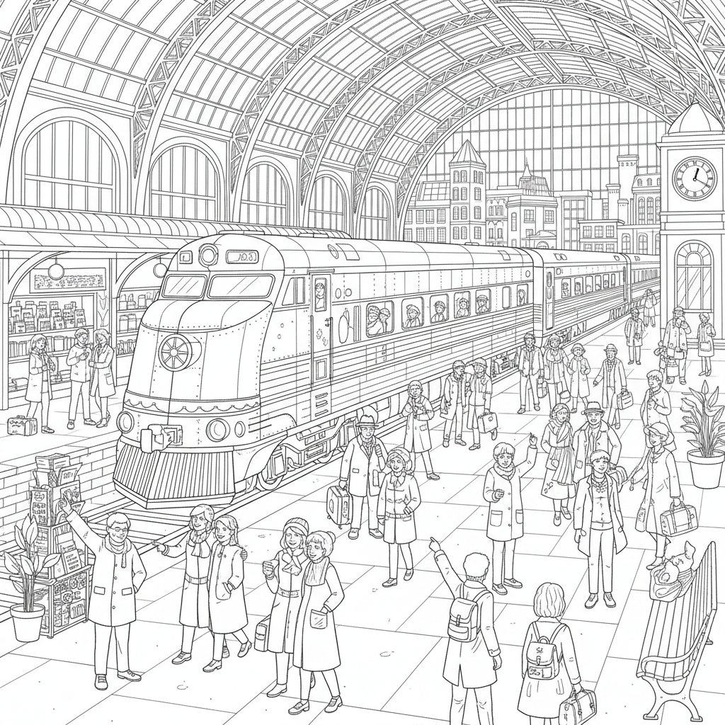 Página para Colorear de Encantadora Estación de Tren - Difícil