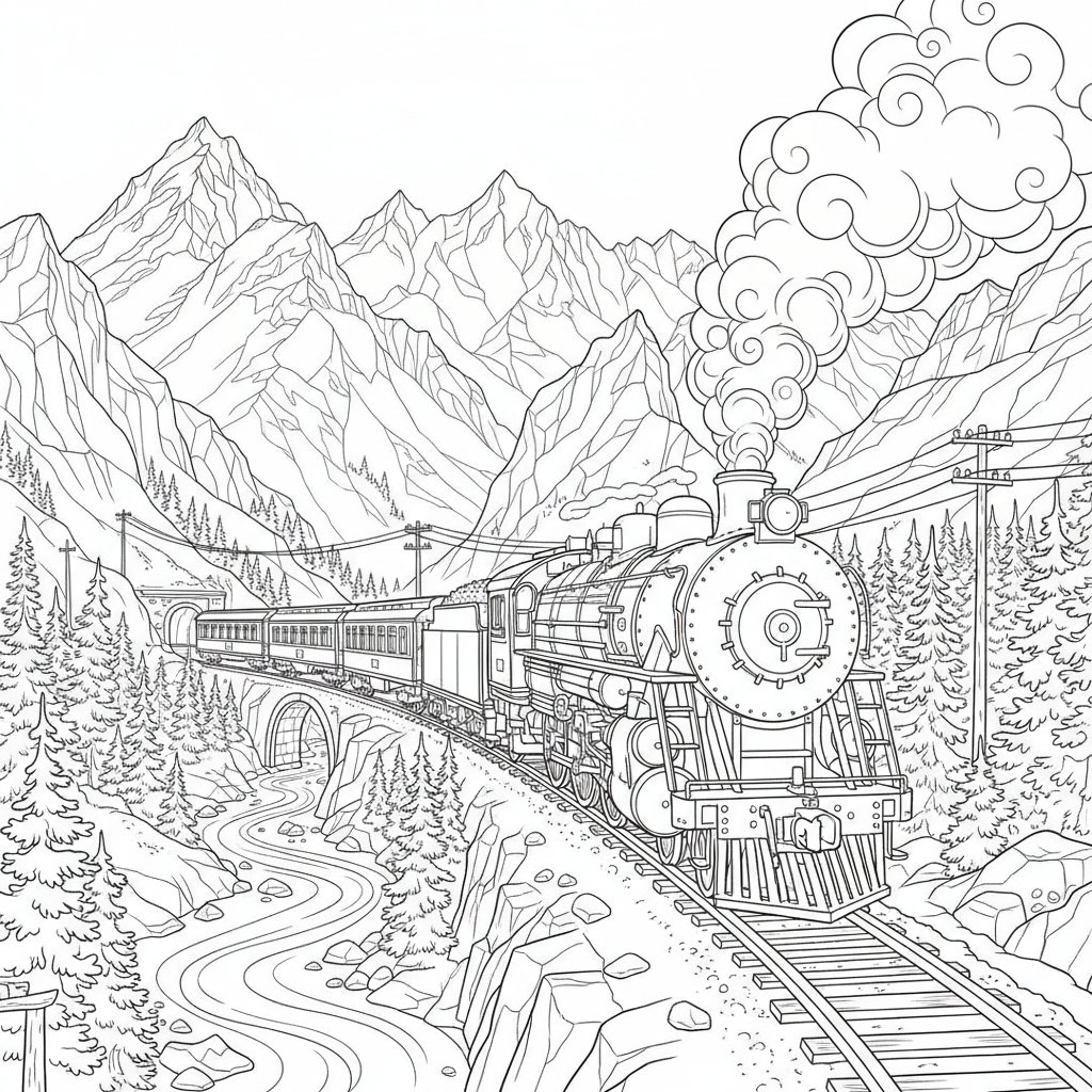 Encantadora Página para Colorear de Locomotora de Vapor - Difícil