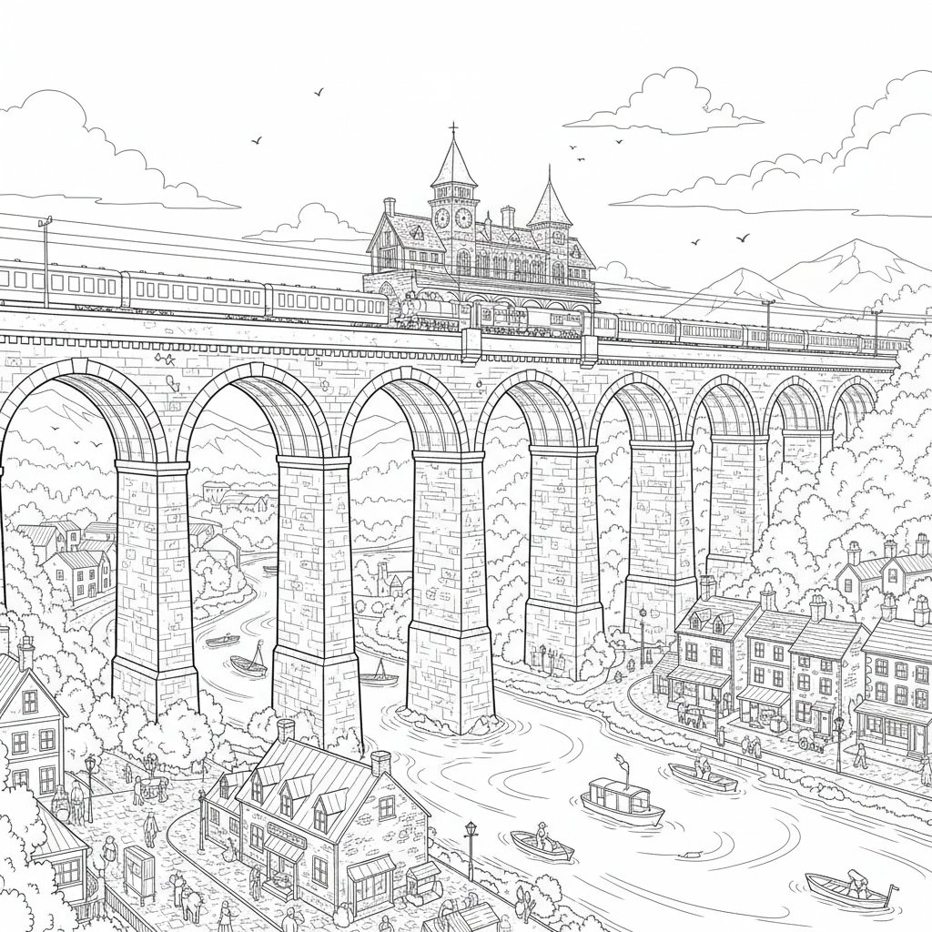 Página para Colorear de la Elegante Estación de Tren - Difícil