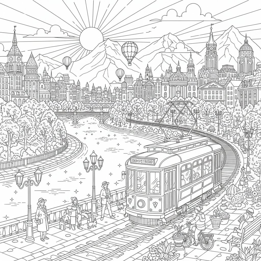 Fantástica Página para Colorear de Tranvía - Difícil