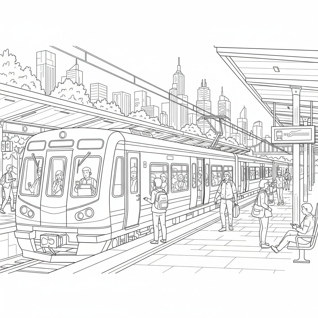 Página para Colorear del Tren de Cercanías Mágico - Difícil