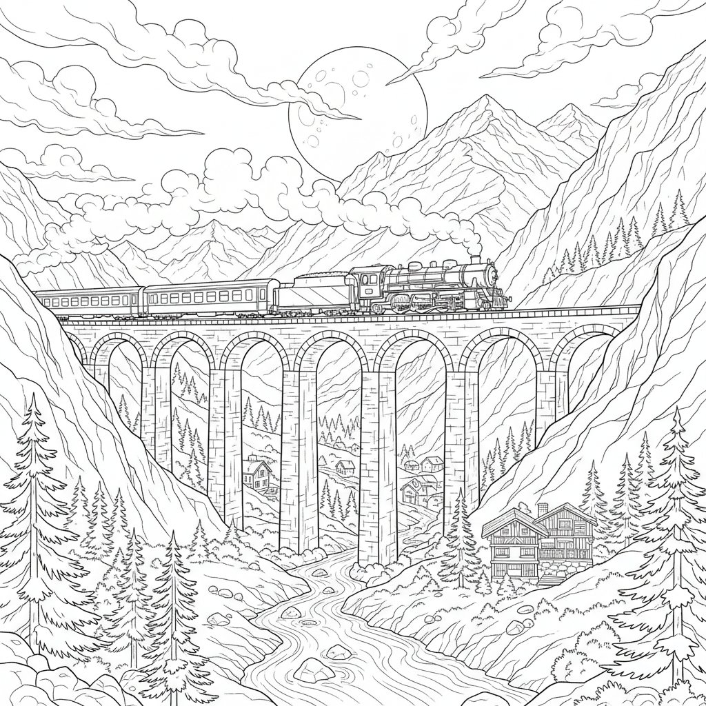 Página para Colorear del Ferrocarril de Montaña - Difícil