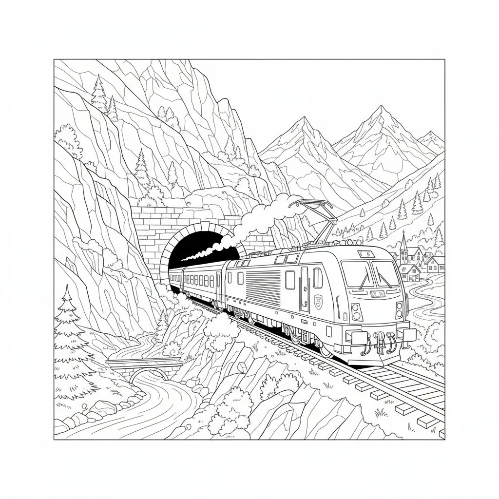 Página para Colorear de Tren de Pasajeros - Difícil