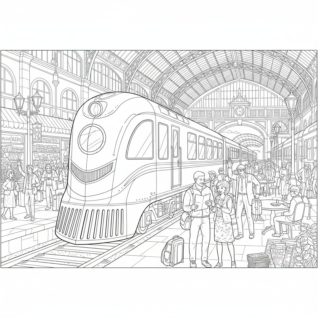 Página para Colorear de Estación de Tren - Difícil