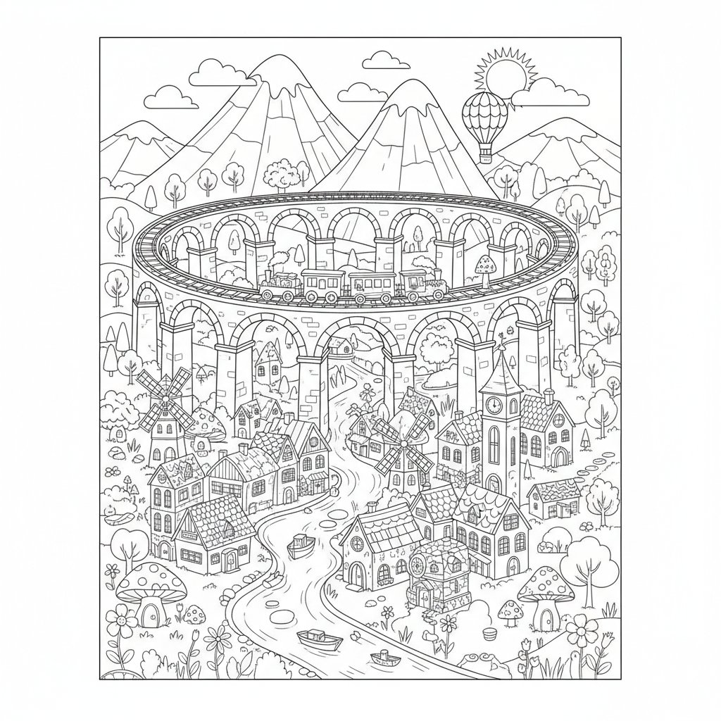 Página para Colorear del Puente de Ferrocarril Caprichoso - Difícil