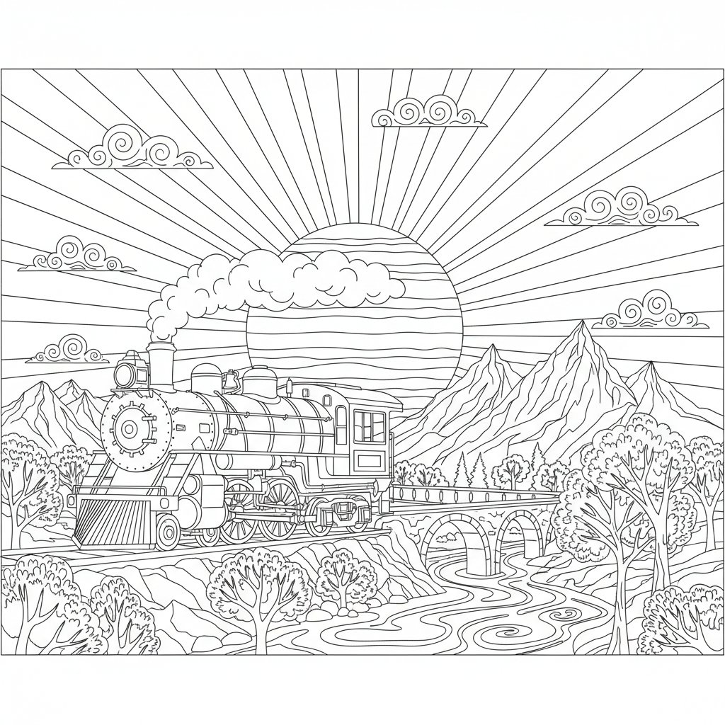 Página para Colorear de la Maravillosa Locomotora de Vapor - Difícil
