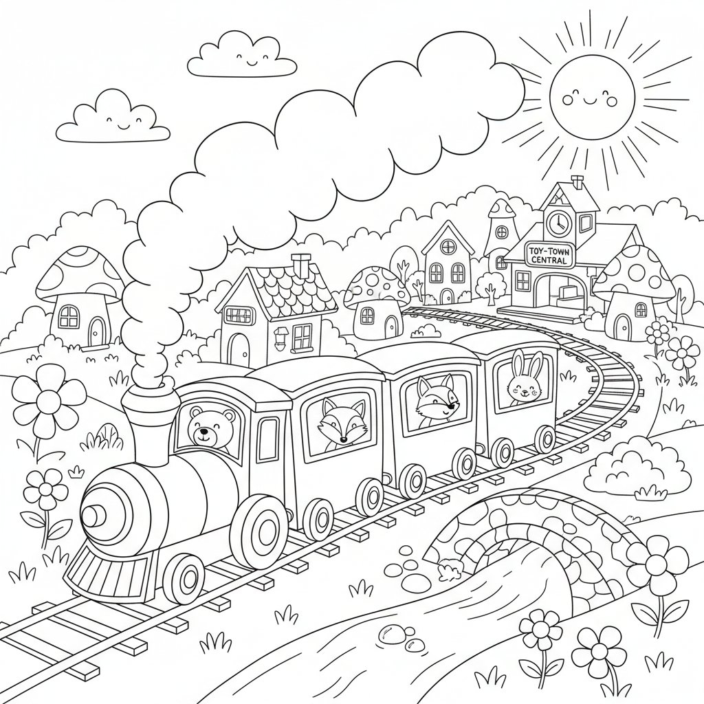 Página para Colorear de Tren de Pasajeros - Medio