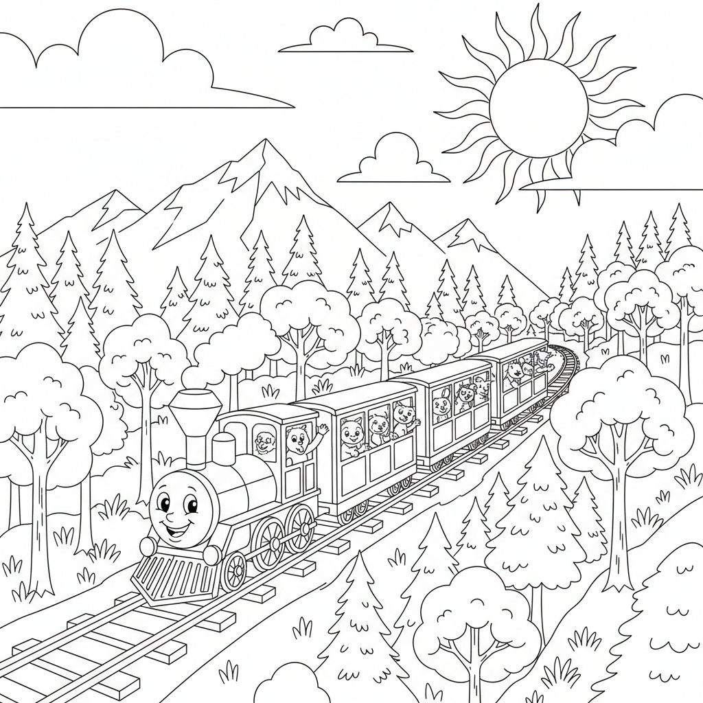 Página para Colorear Ferrocarril de Montaña Vibrante - Medio