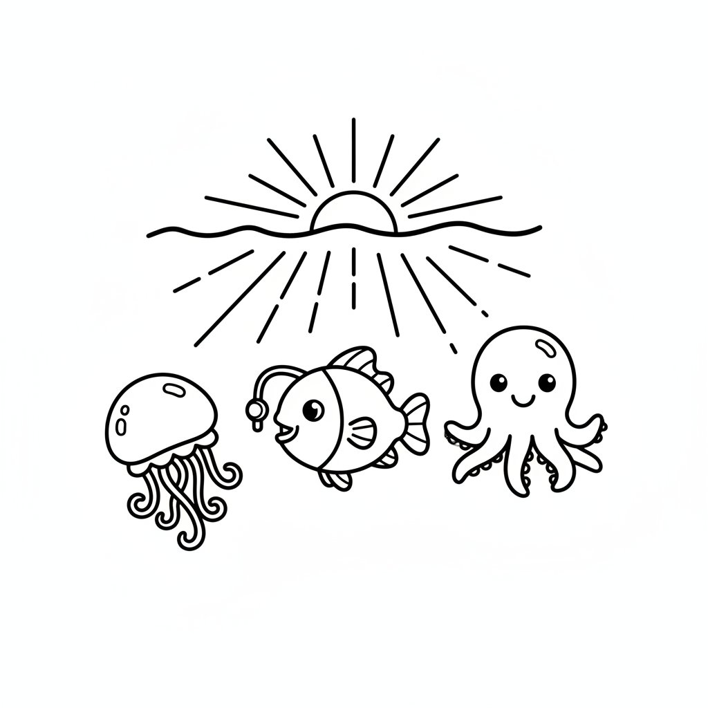 Página para Colorear de Criaturas del Mar Profundo - Fácil