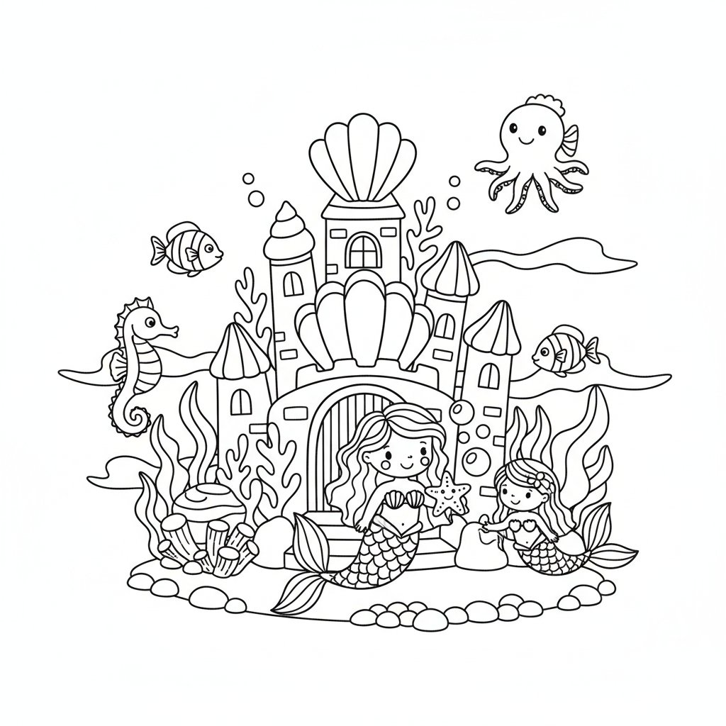 Página para Colorear del Reino de las Sirenas Suave - Fácil