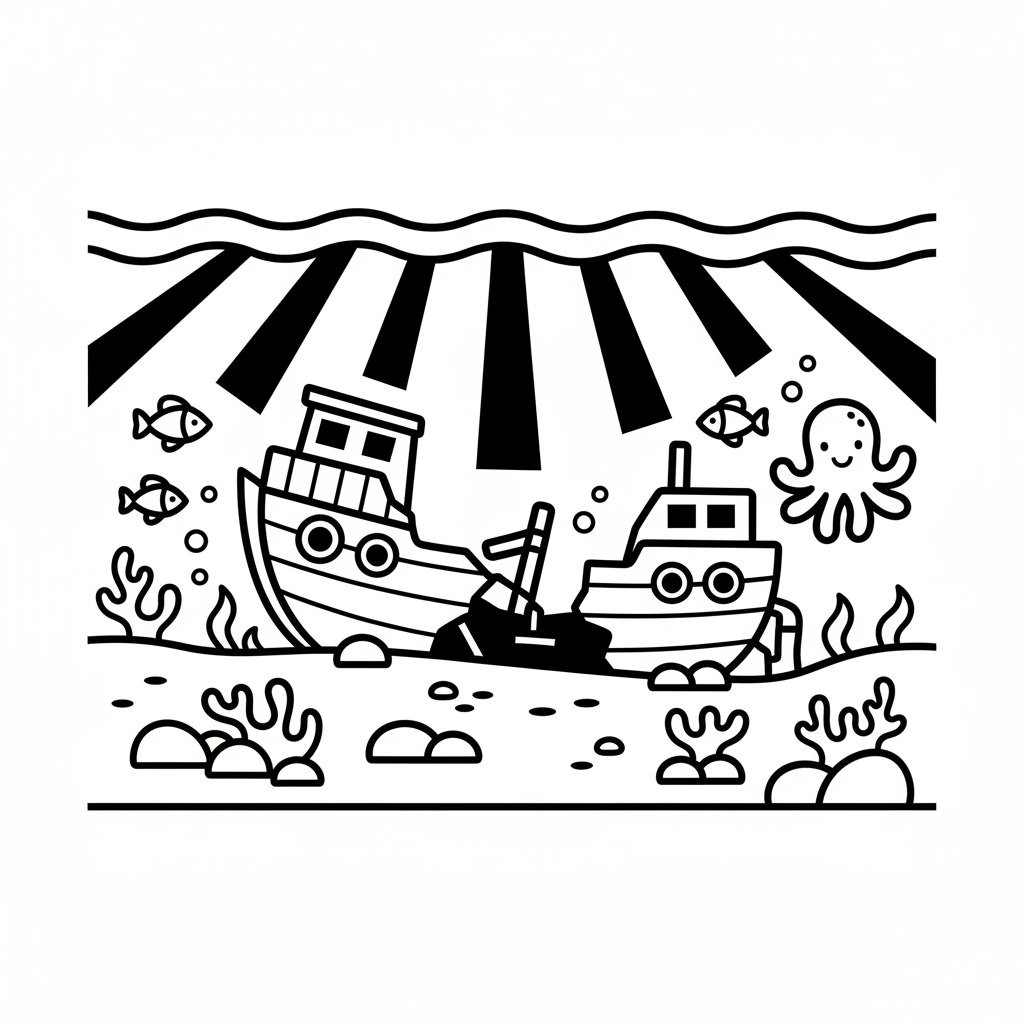 Página para Colorear del Barco Hundido Juguetón - Fácil