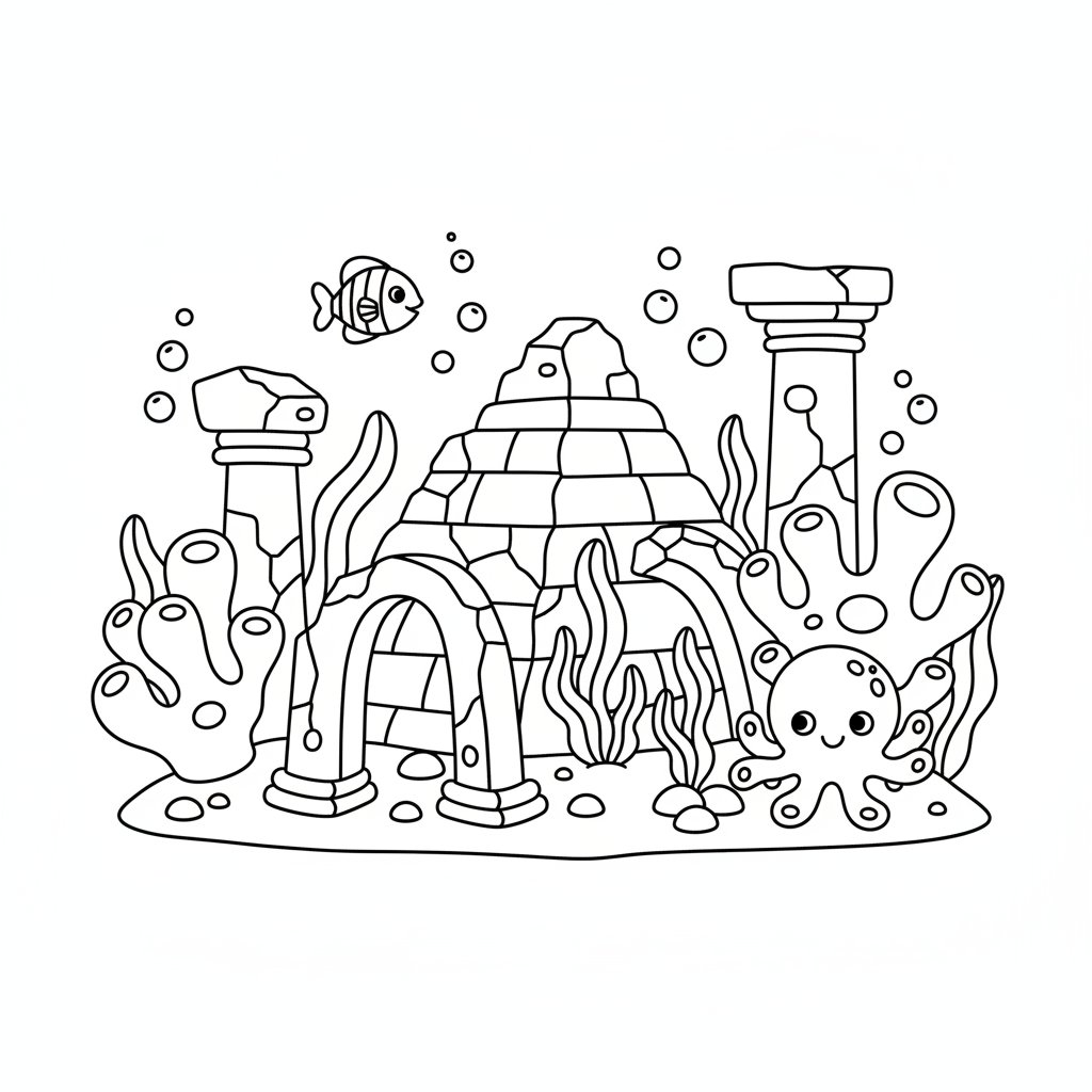 Página para Colorear de las Ruinas Submarinas Caprichosas - Fácil