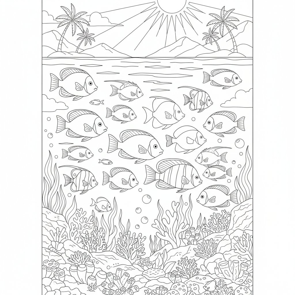 Página para Colorear del Adorable Banco de Peces Tropicales - Difícil