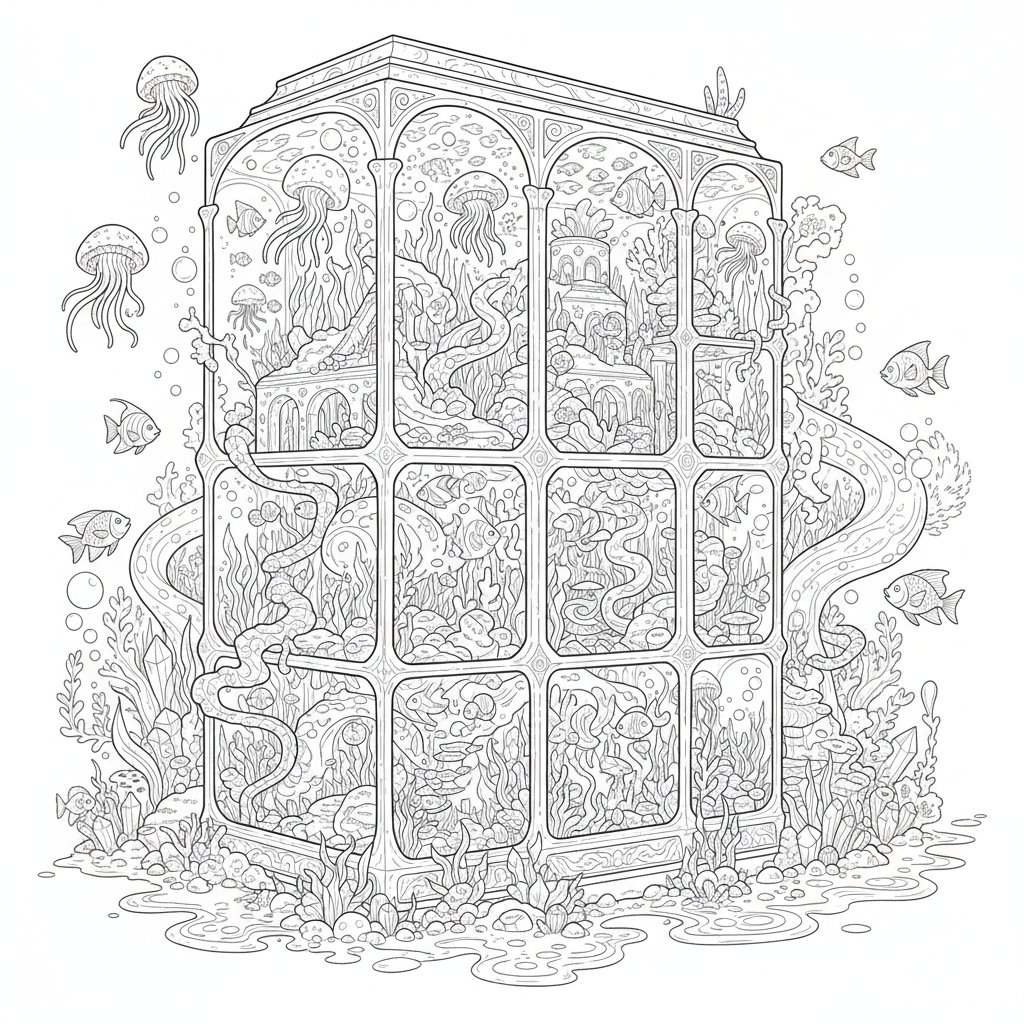 Página para Colorear de Escena de Acuario - Difícil