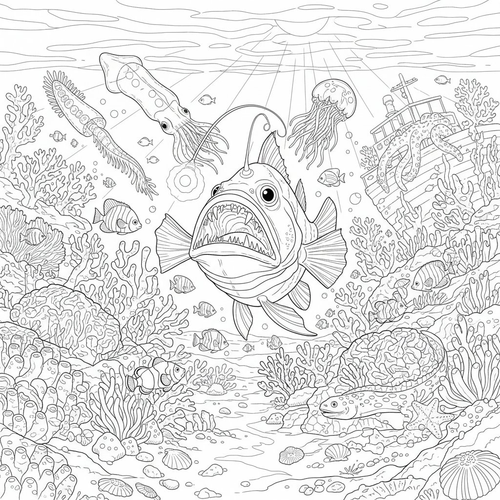 Página para Colorear de Criaturas del Mar Profundo Artísticas - Difícil