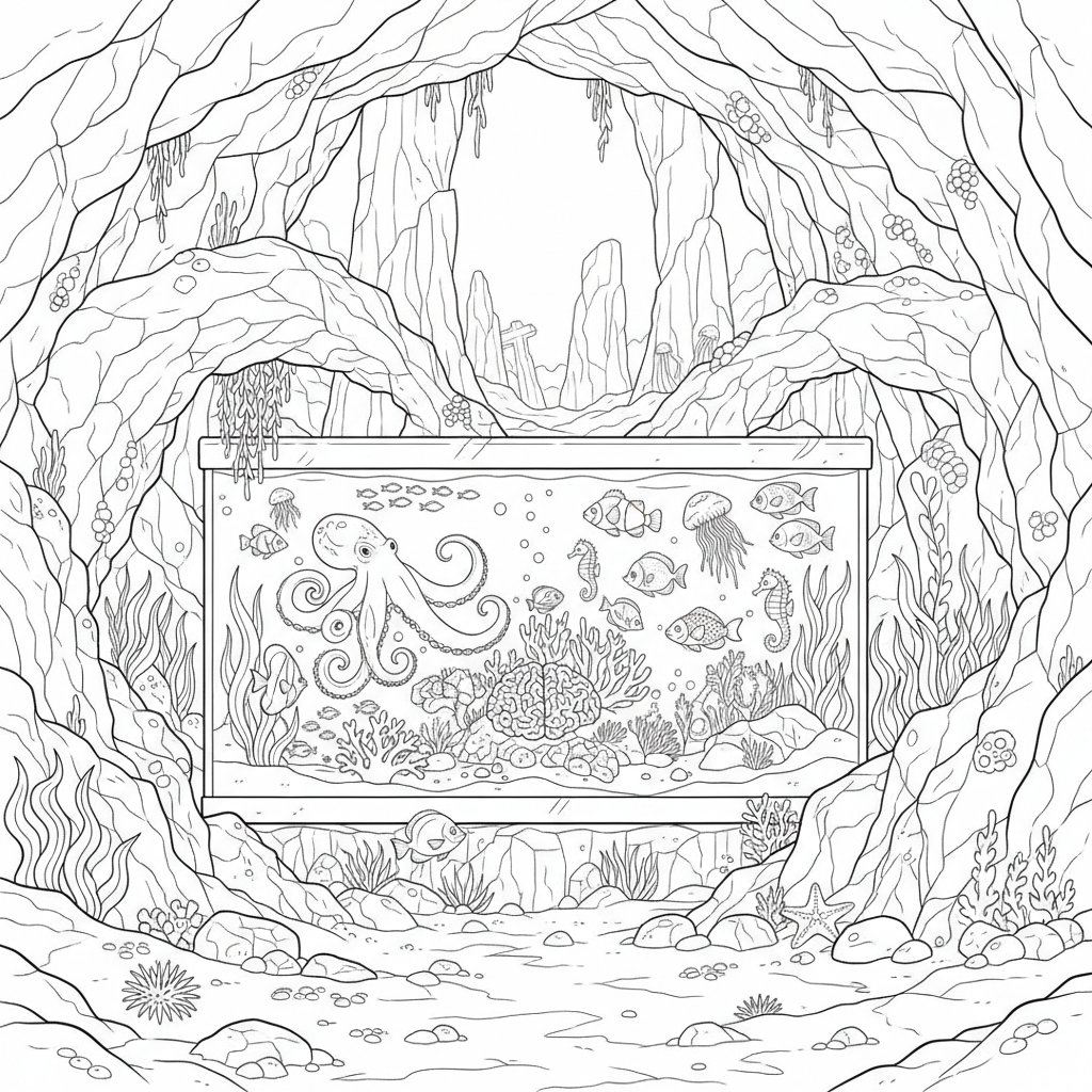 Página para Colorear de Alegre Escena de Acuario - Difícil