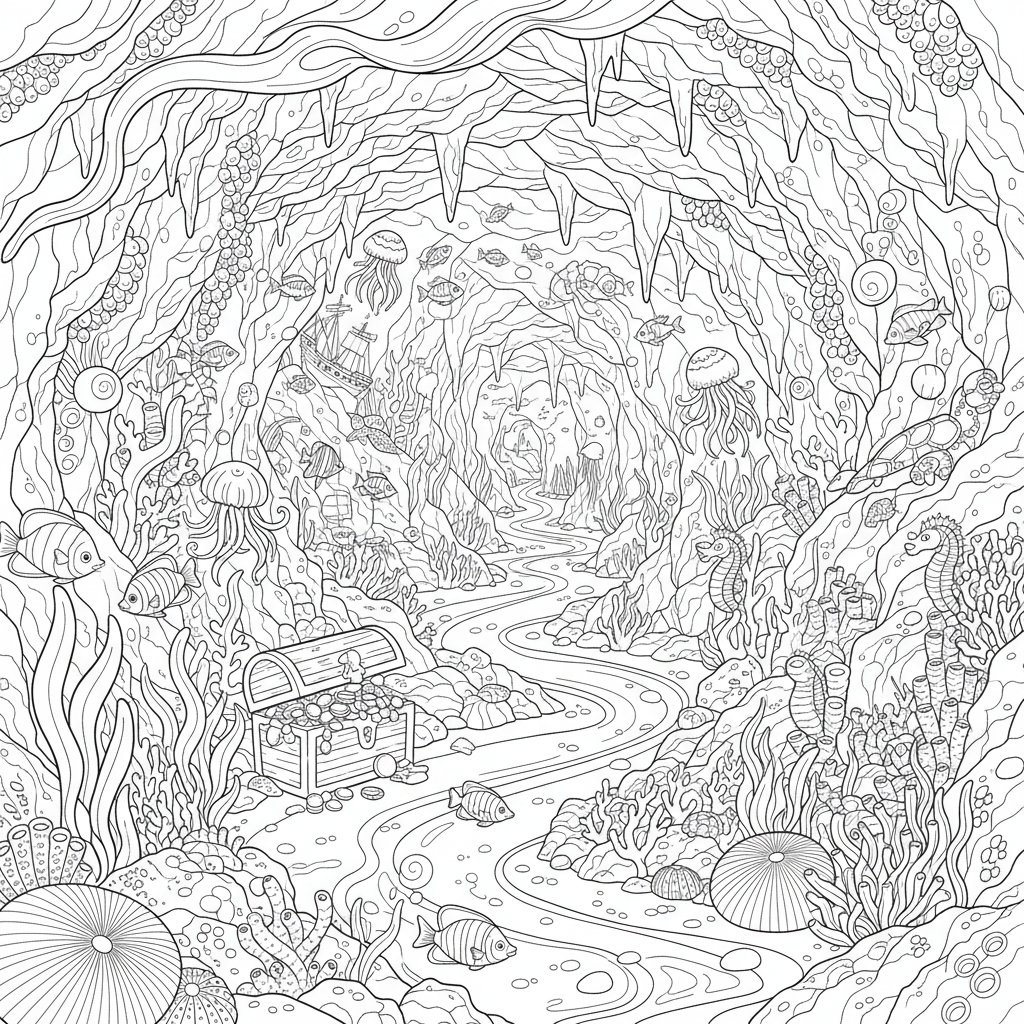 Classic Underwater Cave Coloring Page - Hard