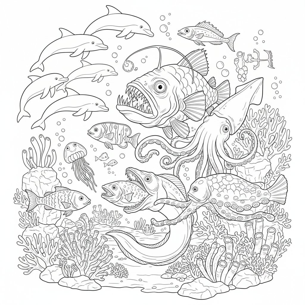 Página para Colorear de Criaturas del Mar Profundo - Difícil