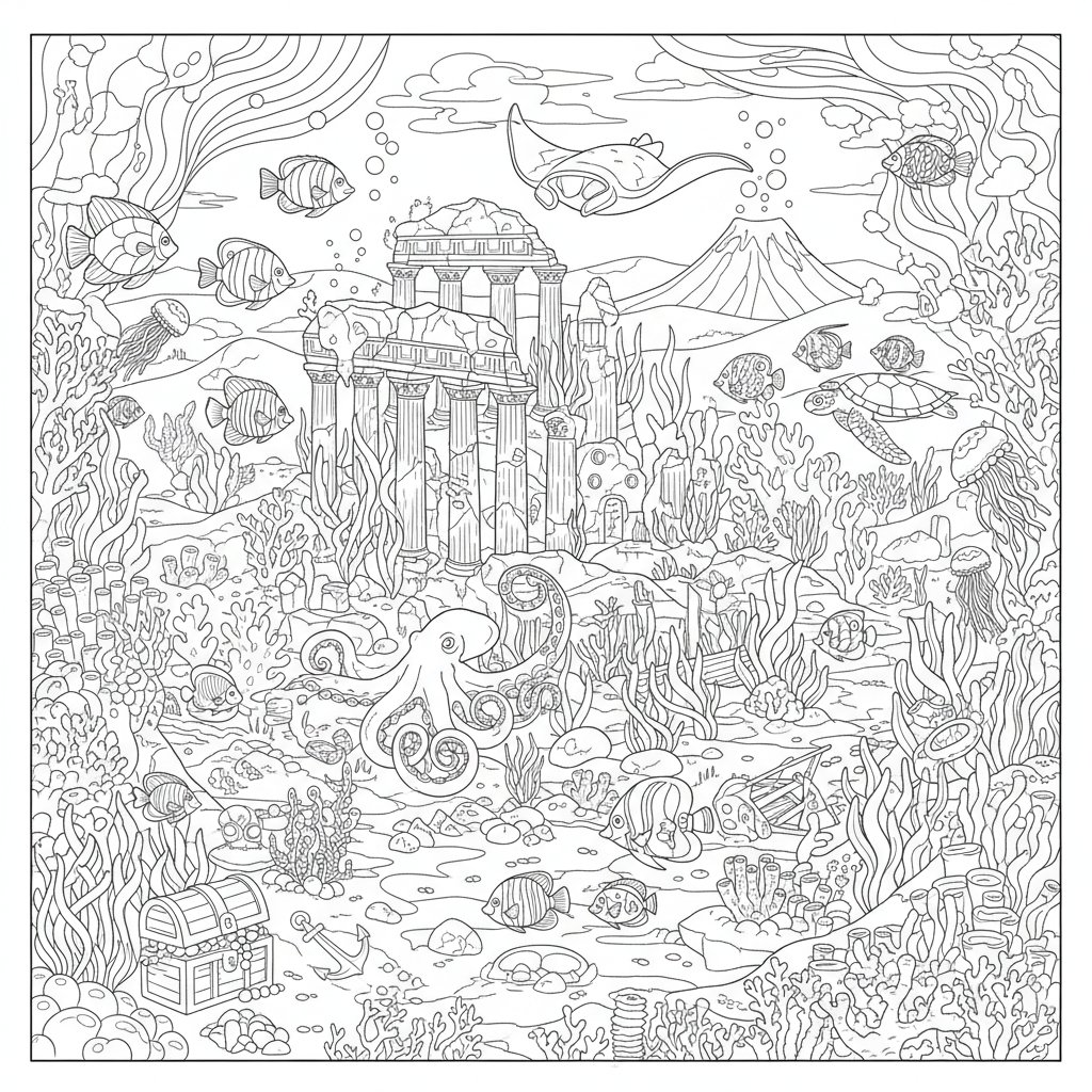 Página para Colorear del Fondo del Mar Feliz - Difícil
