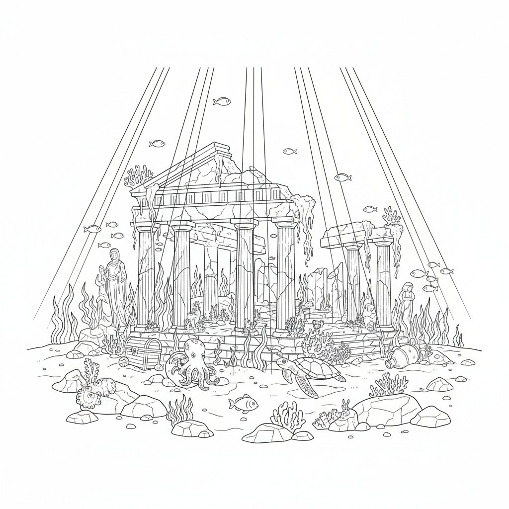 Página para Colorear de Ruinas Submarinas Encantadoras - Difícil