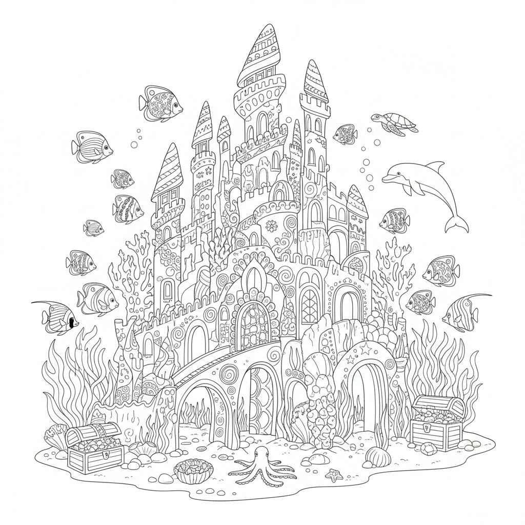 Dulce Castillo Submarino Página para Colorear - Difícil