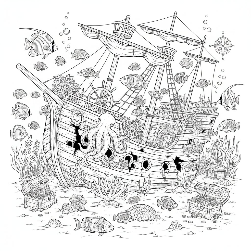 Página para Colorear del Barco Hundido Caprichoso - Difícil