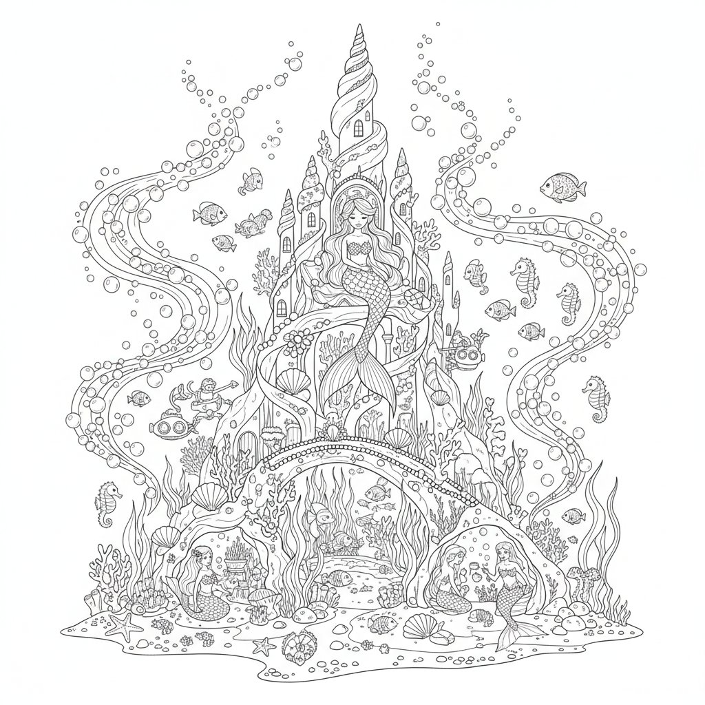 Página para Colorear del Maravilloso Reino de las Sirenas - Difícil