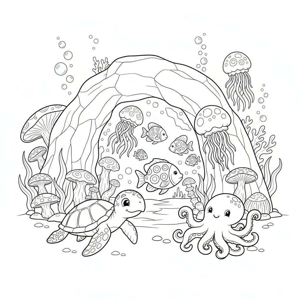 Artistic Underwater Cave Coloring Page - Medium