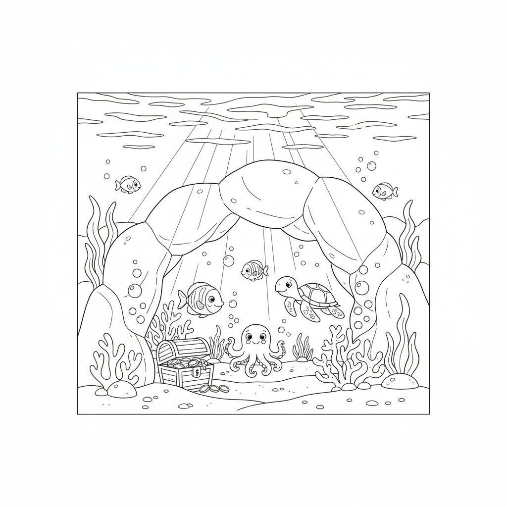 Creative Underwater Cave Coloring Page - Medium