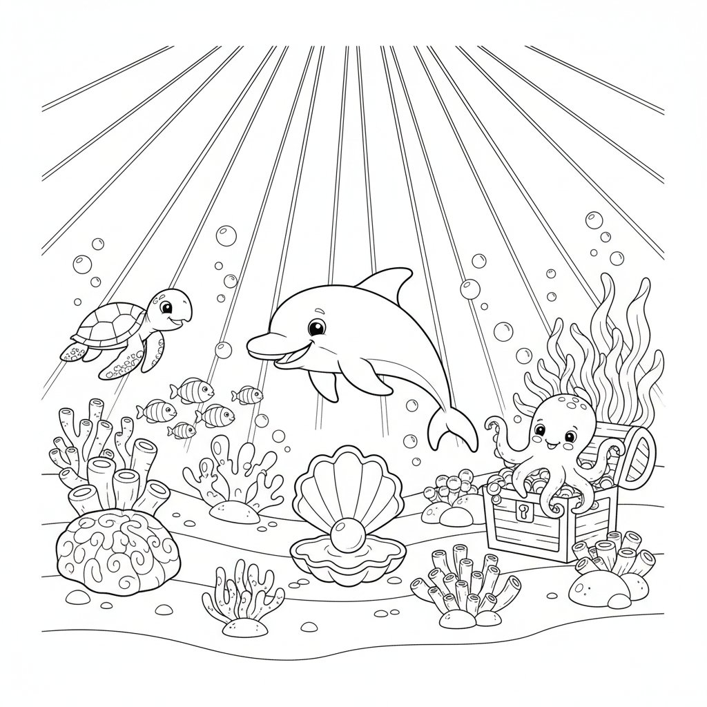 Página para Colorear del Fondo del Mar Feliz - Medio