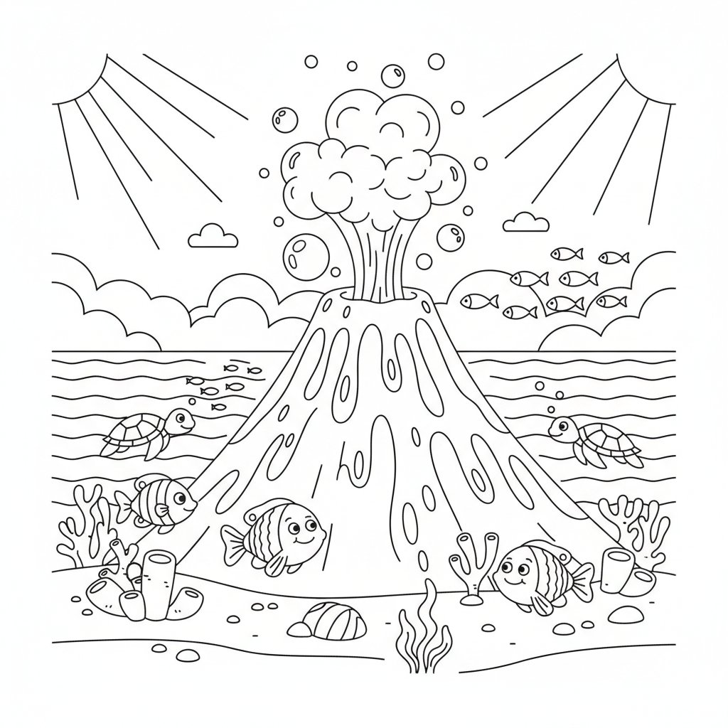 Página para Colorear del Volcán Submarino Feliz - Medio