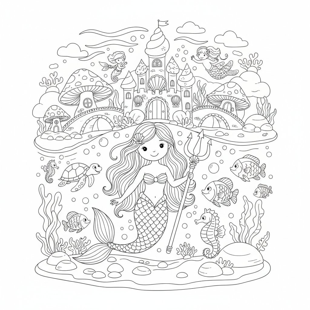 Página para Colorear del Reino de las Sirenas - Medio