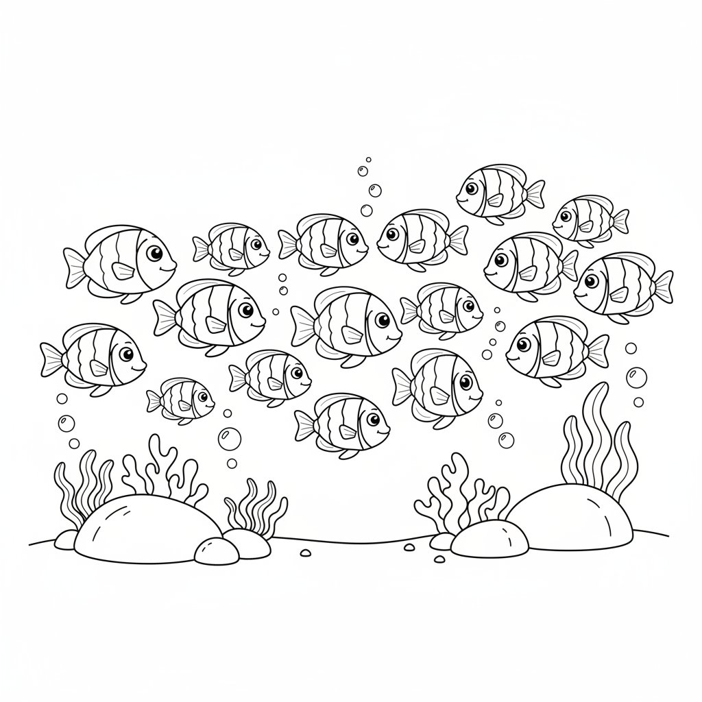 Página para Colorear de Banco de Peces Tropicales - Medio