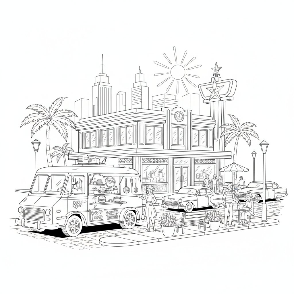 Página para Colorear de Food Truck Encantador - Difícil