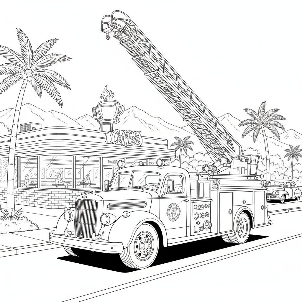 Página para Colorear de Camión de Bomberos Elegante - Difícil