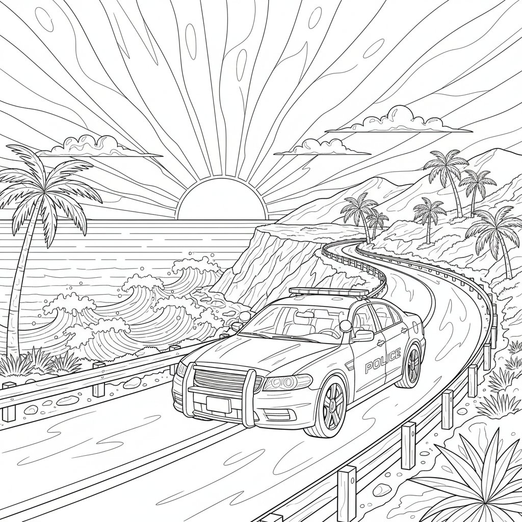 Página para Colorear de Coche de Policía - Difícil