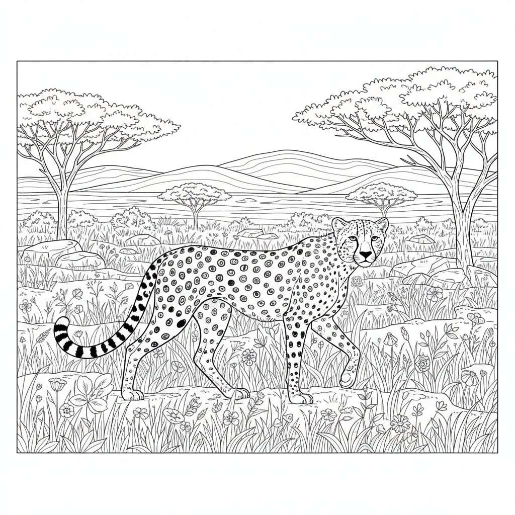 Encantadora Página para Colorear de Guepardo - Difícil