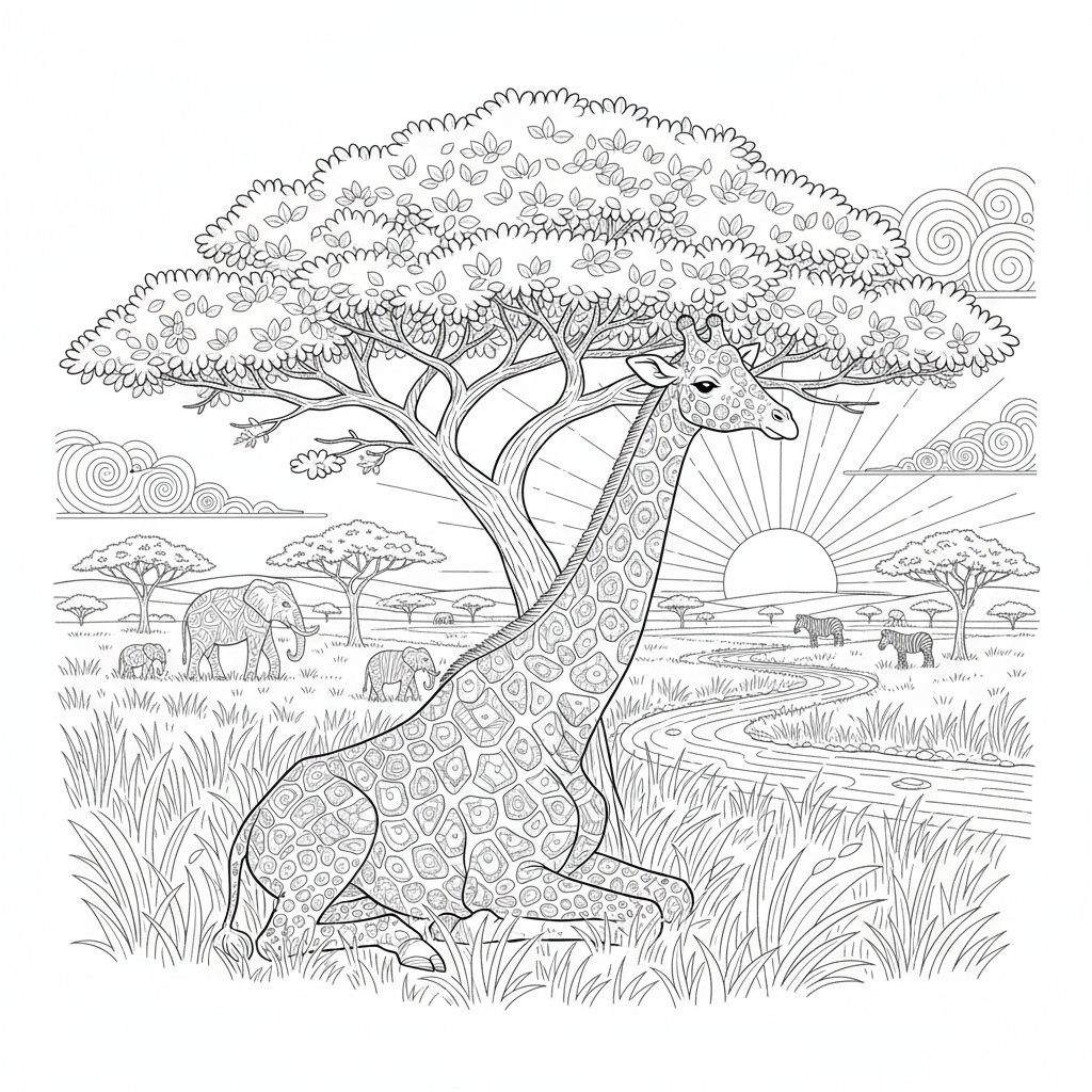 Encantadora Página para Colorear de Jirafa - Difícil