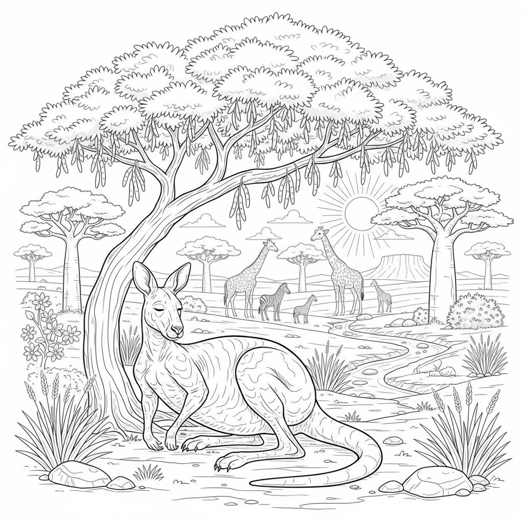 Página para Colorear de Canguro Elegante - Difícil