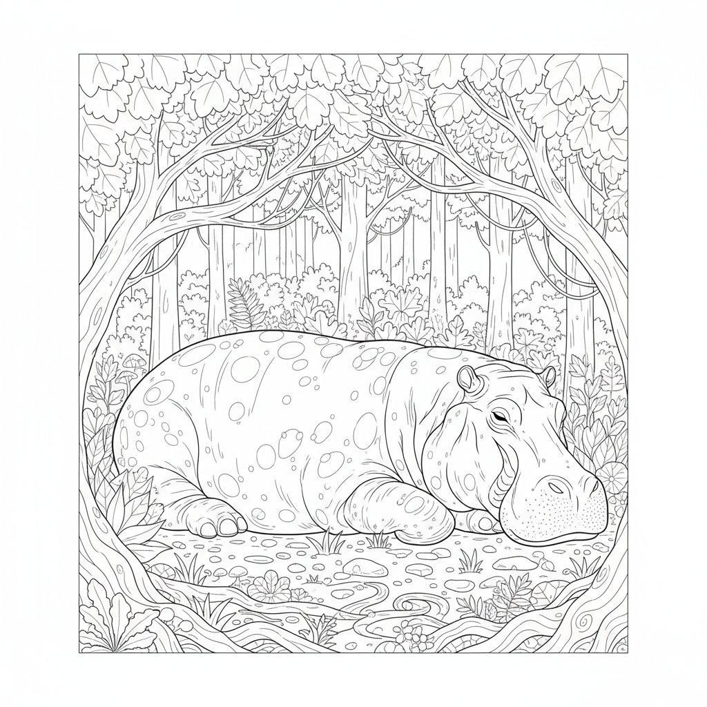 Página para Colorear de Hipopótamo - Difícil