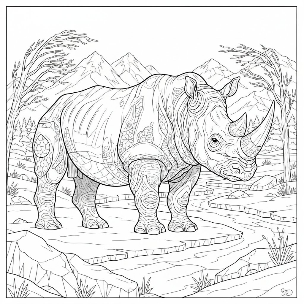 Página para Colorear de Rinoceronte - Difícil