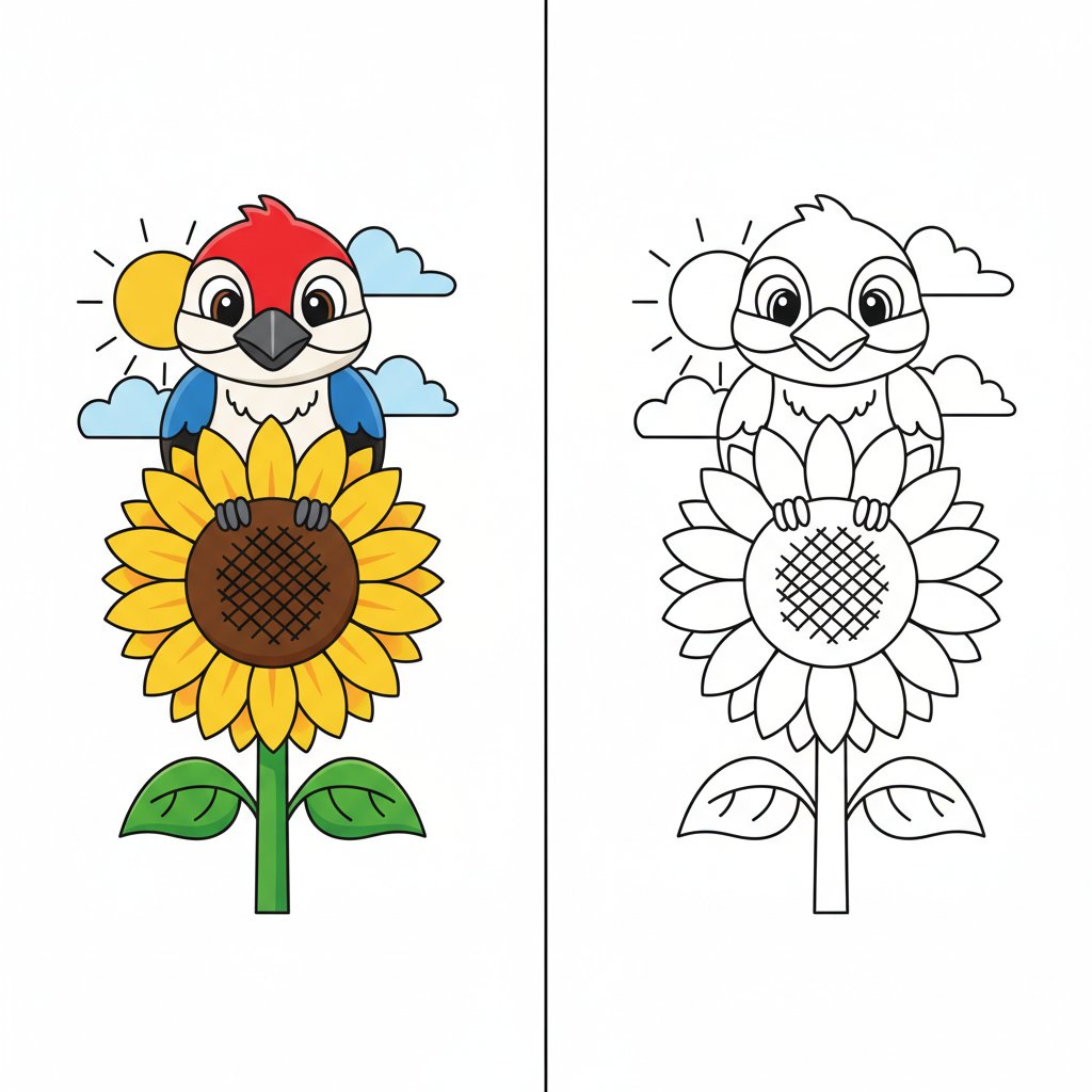 Dibujo Espejo de Pájaro Carpintero Elegante - Fácil